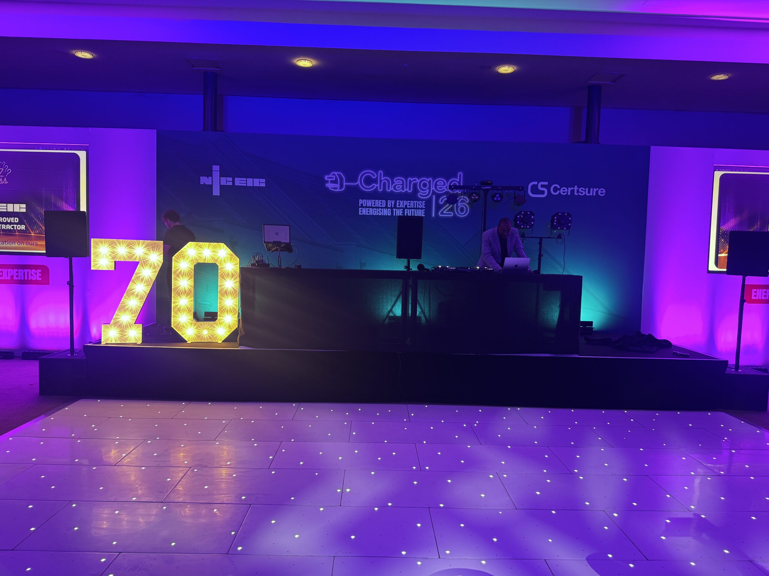 Illuminated 70 numbers and white crystal dance floor under purple lighting at Stadium MK