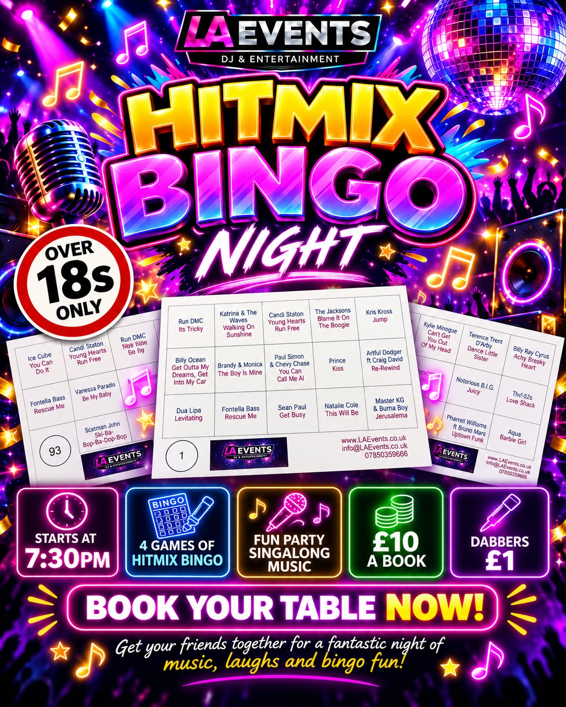 LA Events Hitmix Bingo Night poster: over 18s, 7:30pm start, four games, party singalong music, £10 a book and £1 dabbers.