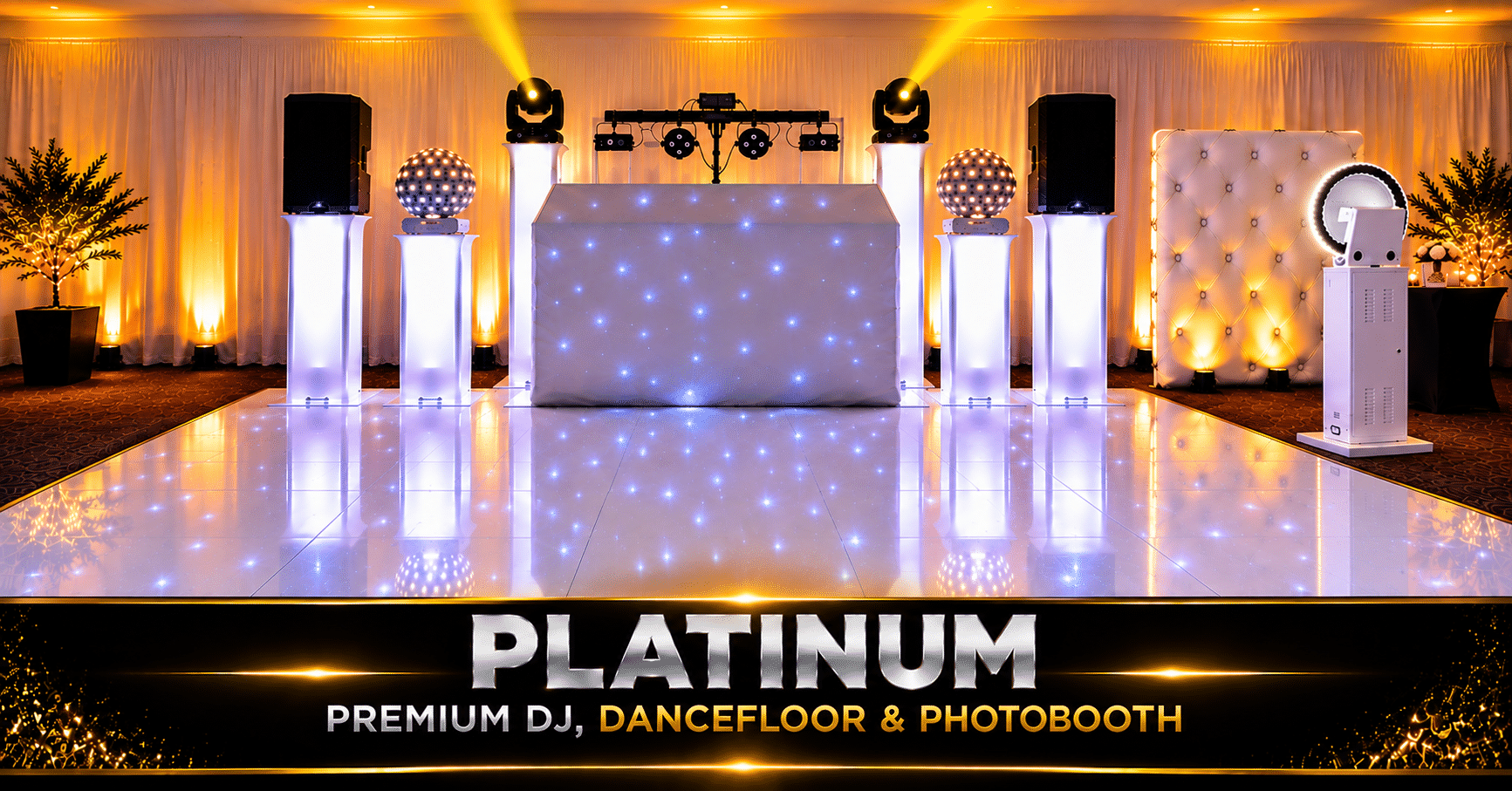 LA Events Platinum package artwork showing a white starcloth DJ booth, premium lighting, white dance floor and Digital Photobooth in a golden ballroom