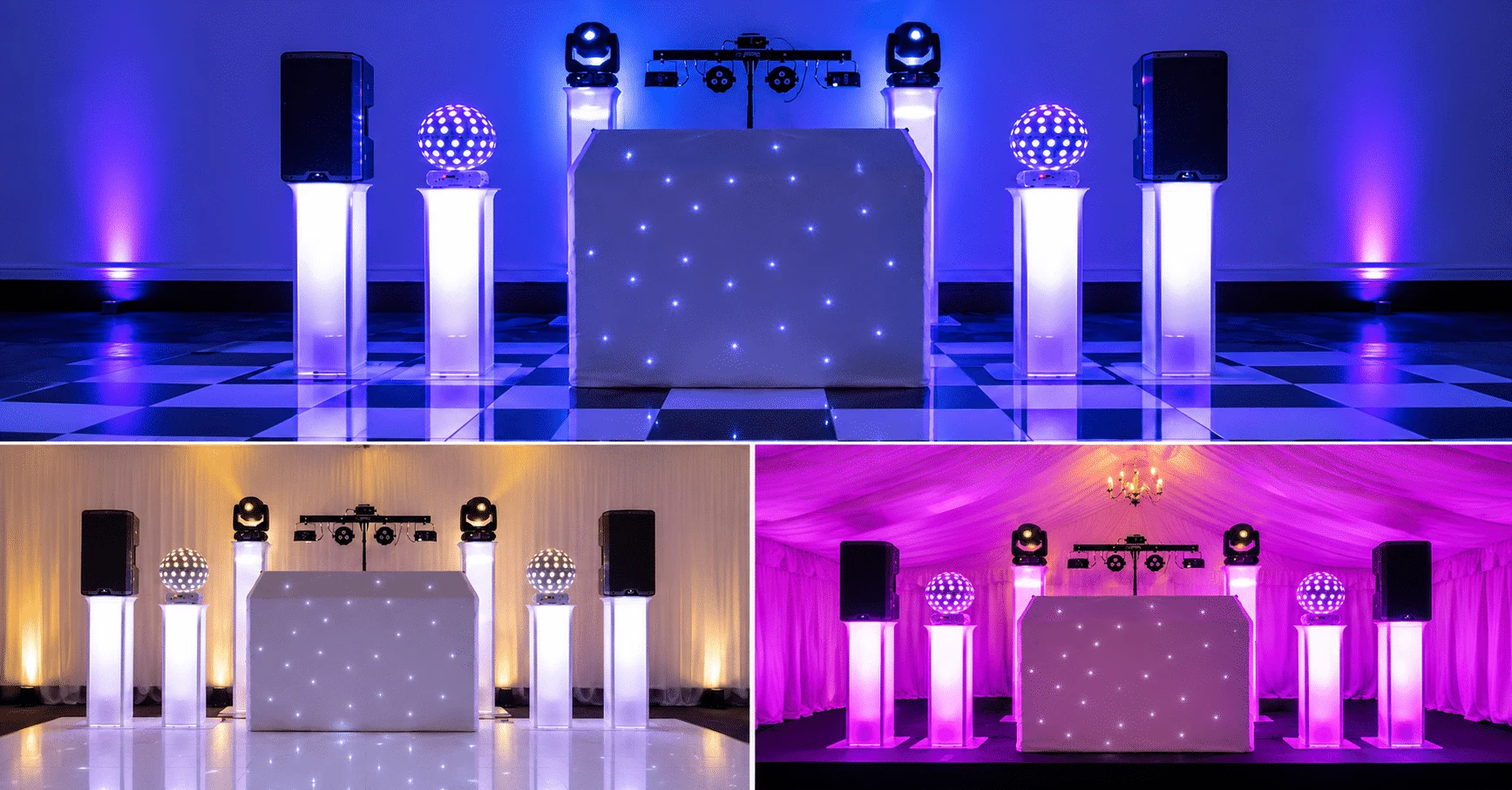 LA Events premium DJ setup with white starcloth booth, speakers and illuminated columns in blue, gold and purple lighting